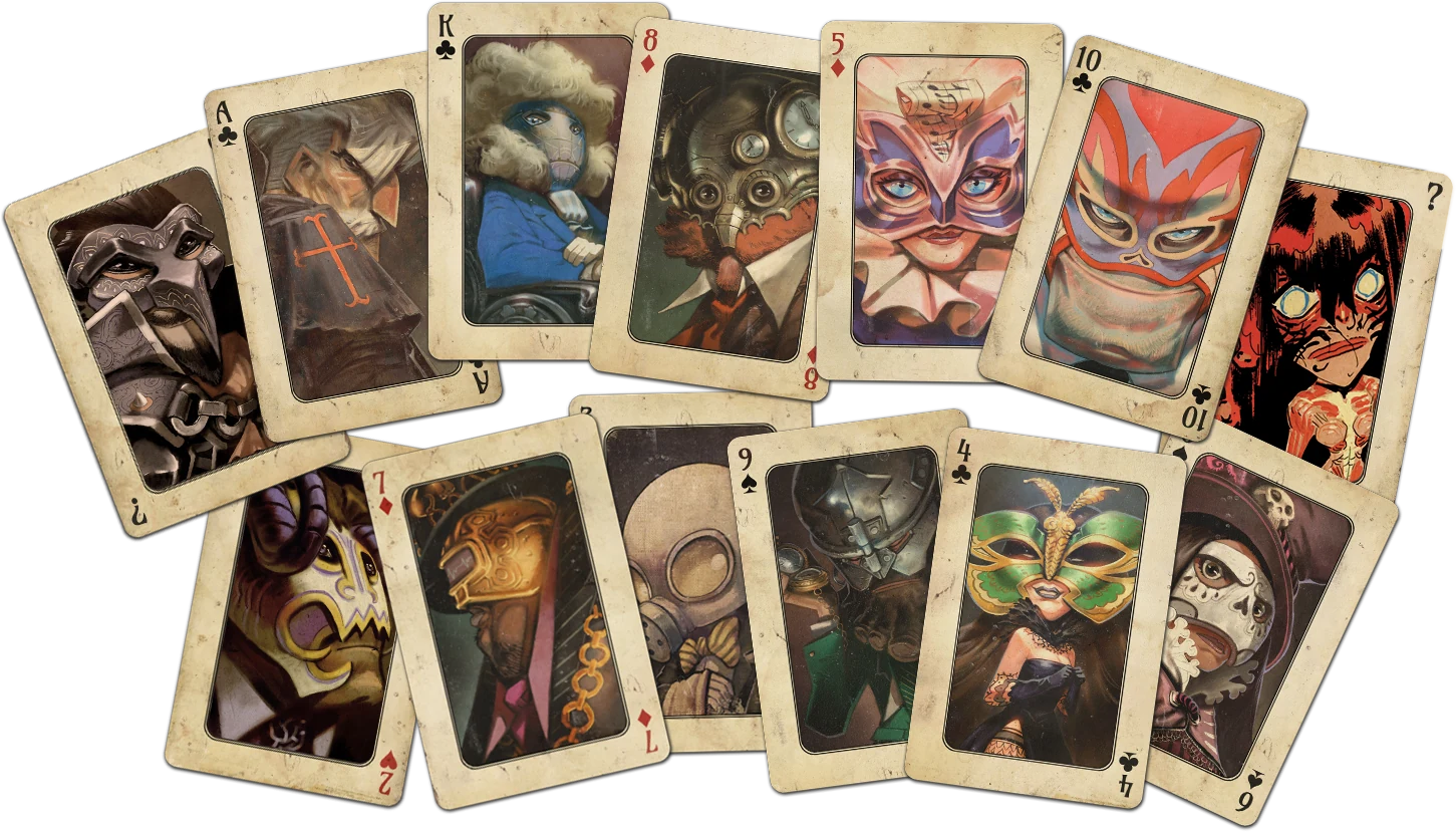 The masked cast of The Sexy Brutale presented as a fan of playing cards